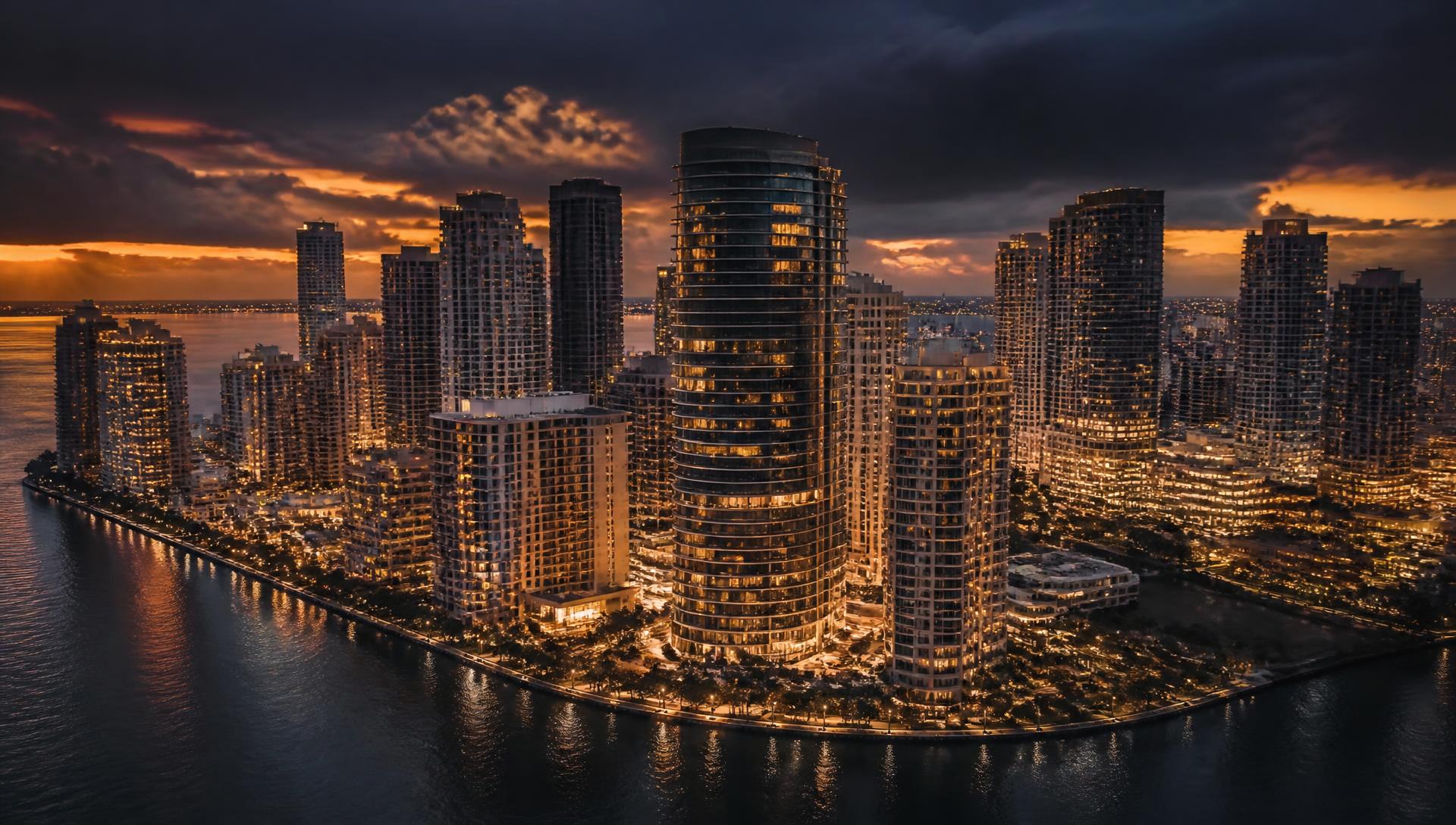 Miami waterfront skyline at dusk over Biscayne Bay