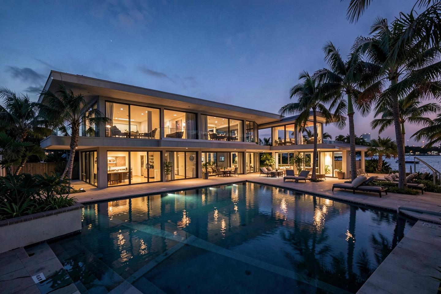 Modern waterfront residence with infinity pool at dusk in Bay Harbor Islands