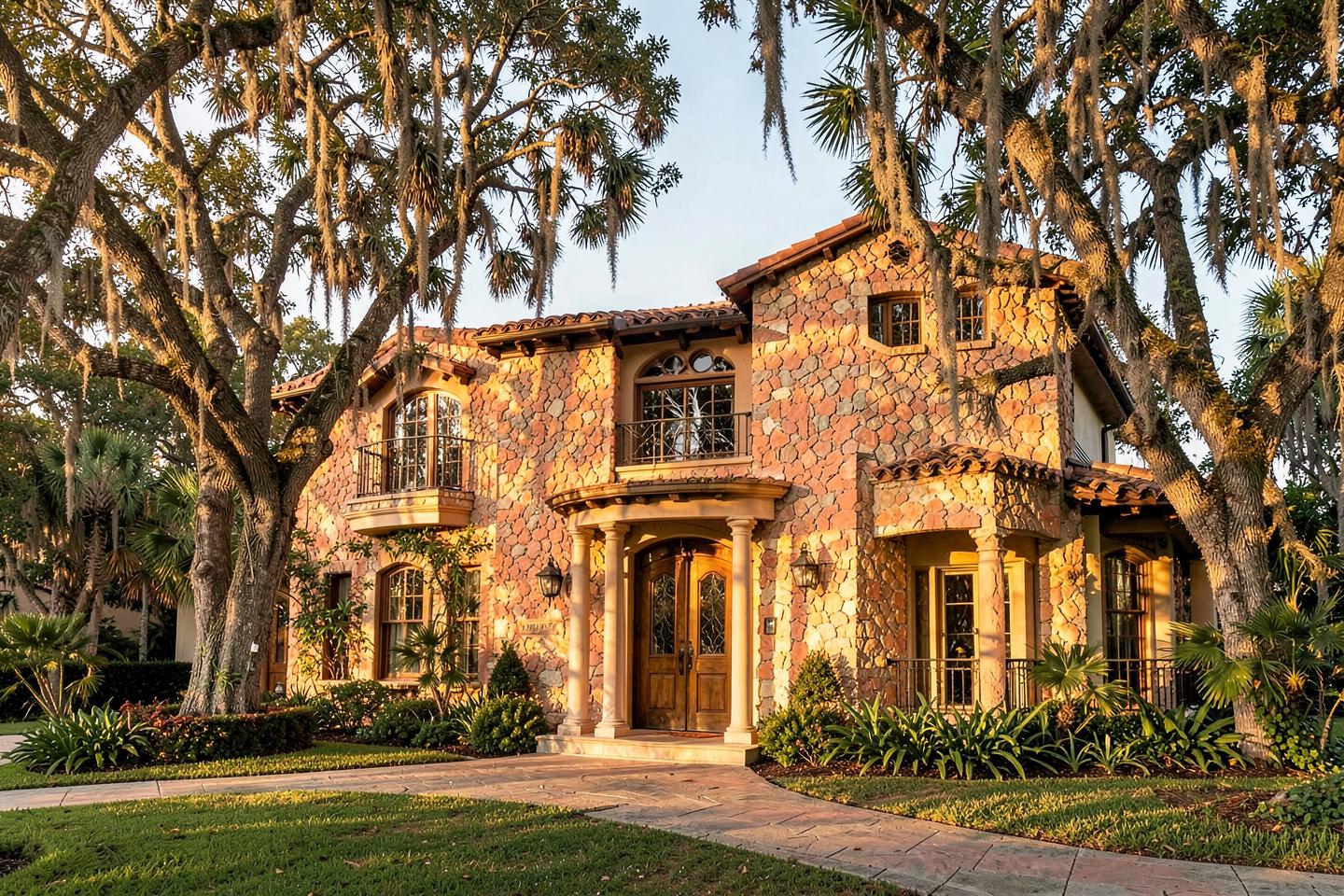 Mediterranean revival estate with coral stone facade under banyan trees in Coral Gables