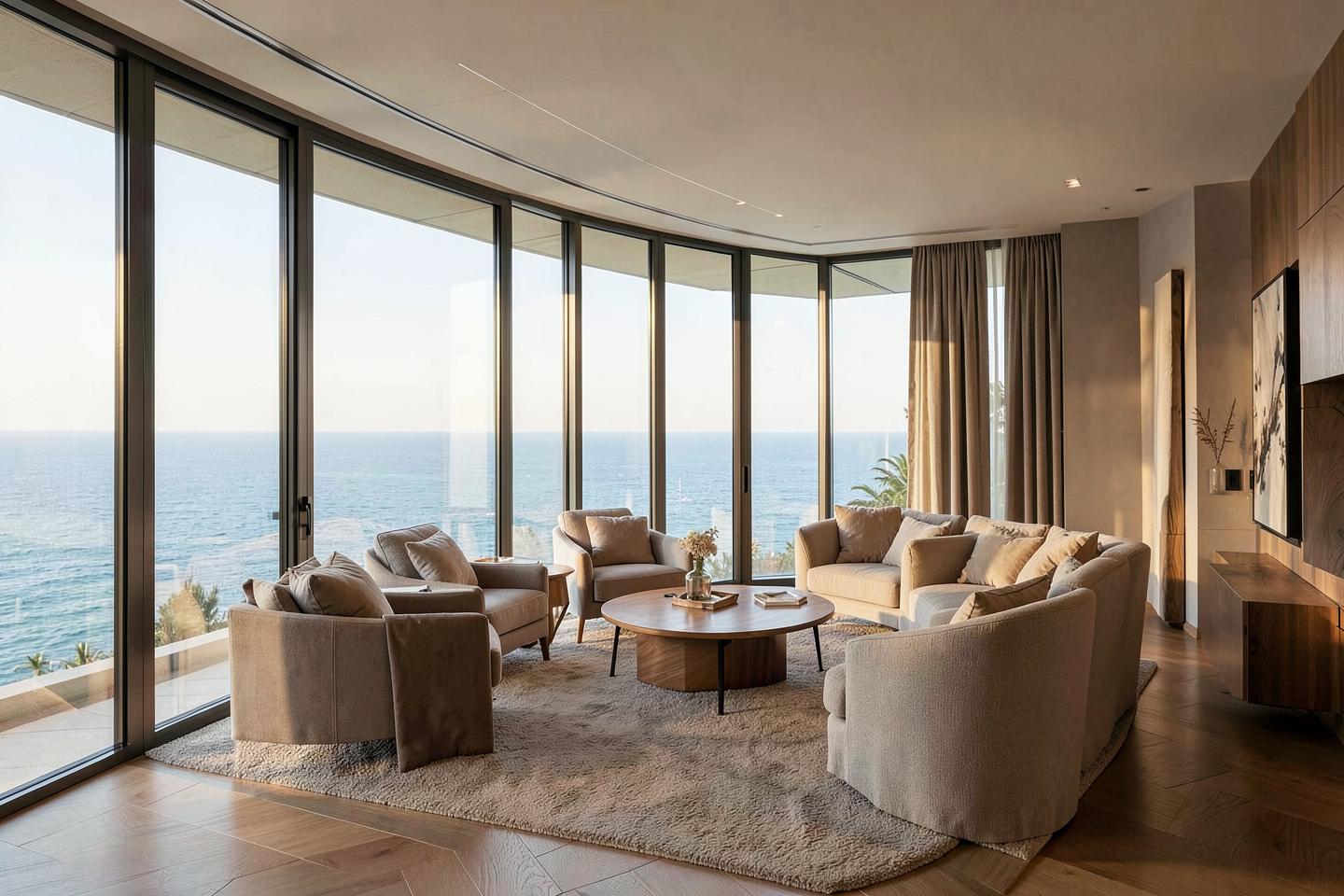 Oceanfront penthouse living room with floor-to-ceiling glass in Sunny Isles Beach